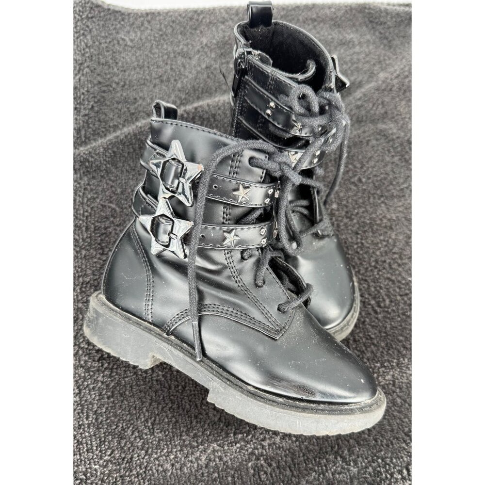 Girls Black Patent Combat Boots W/ Star Buckles & Side Zipper